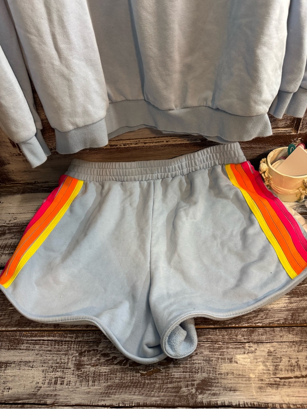 Light Blue Rainbow Stripe Sweatshirt & Shorts Set - Picture 3 of 7